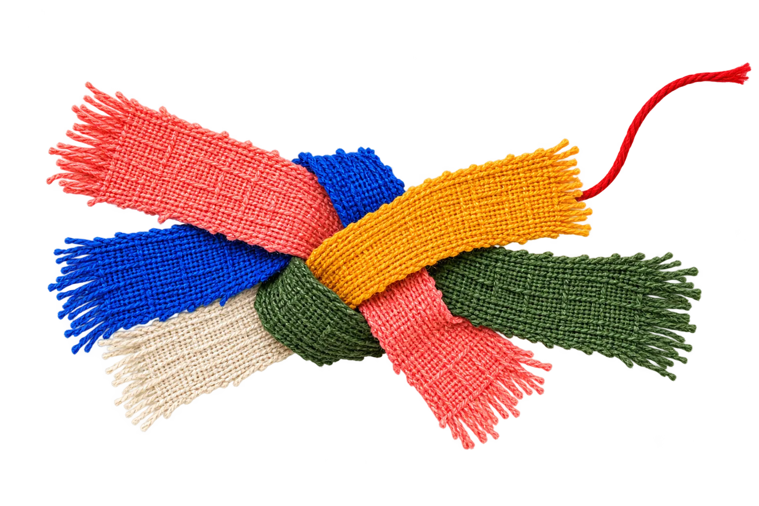 Loose strips of old fabric in coral, blue, ochre, green and linen, knotted together, with a red thread trailing away.