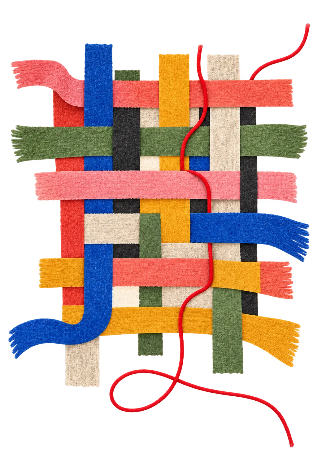 Strips of coloured fabric woven into a square, with one red thread running through the weave and trailing out below.