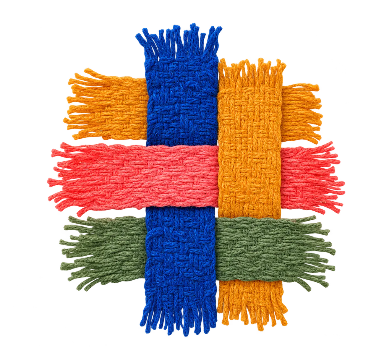 A finished square of weaving in cobalt blue, ochre, coral and green, with fringed ends.