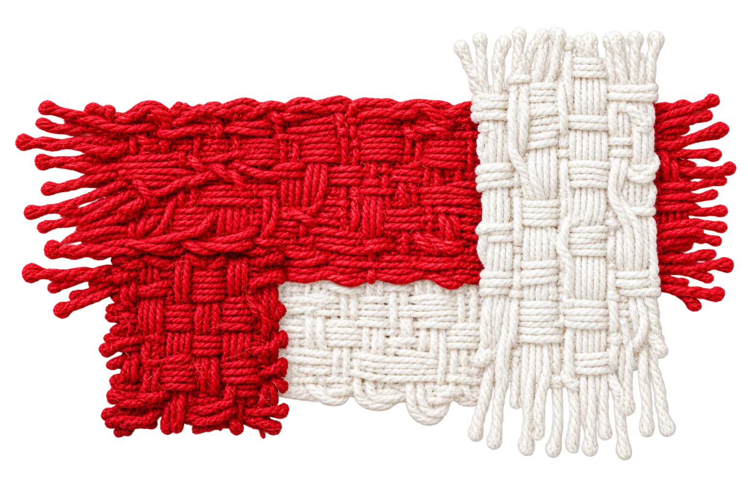 A small woven swatch in red and white, with frayed ends.