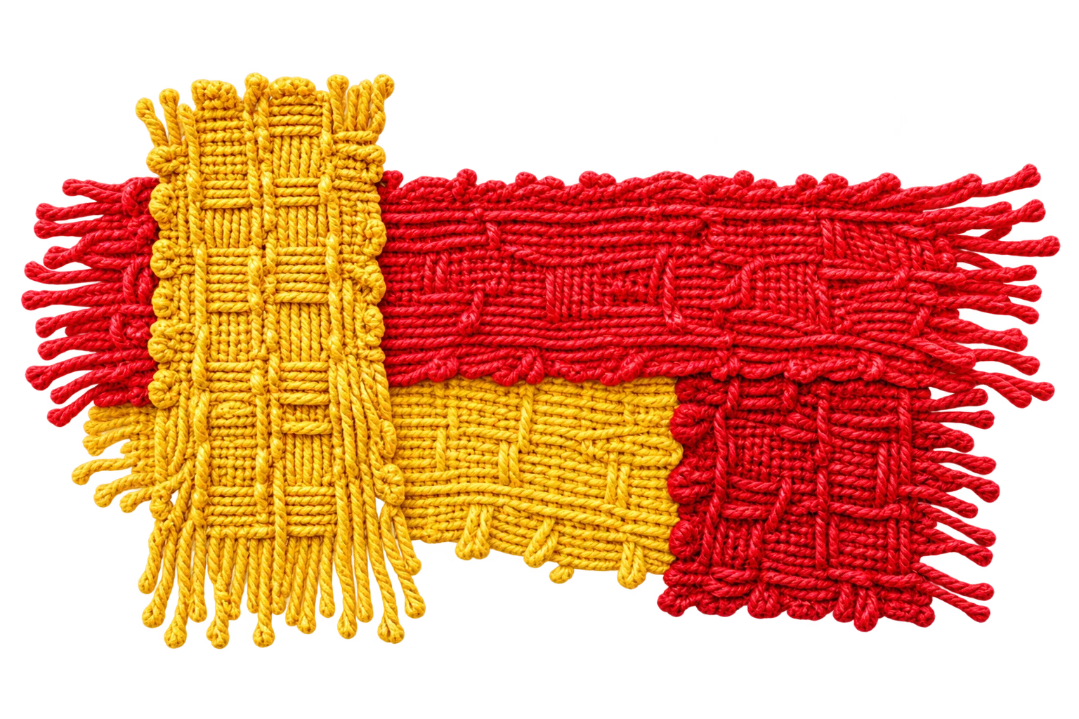 A small woven swatch in red and yellow, with frayed ends.