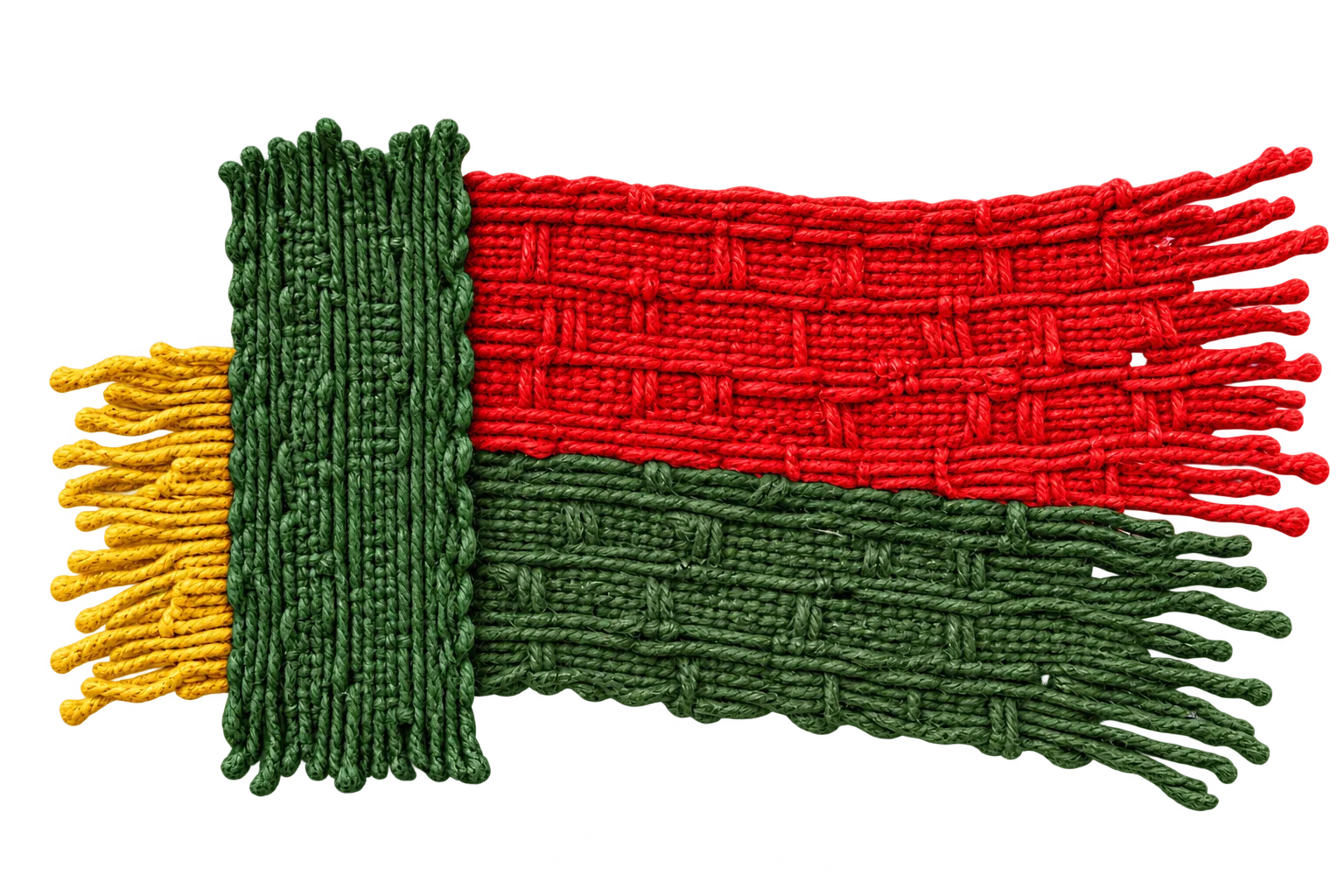 A small woven swatch in green and red, with a yellow fringe.