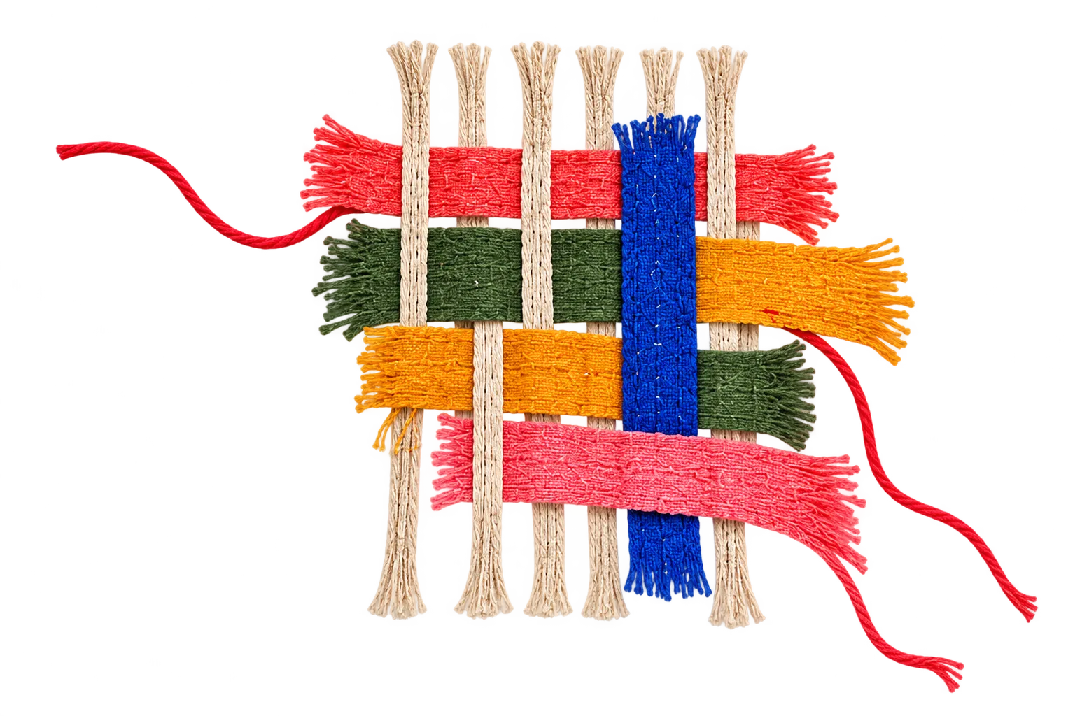 Strips of red, green, ochre and pink fabric woven through a linen warp with one blue strip, and a red thread running through them.